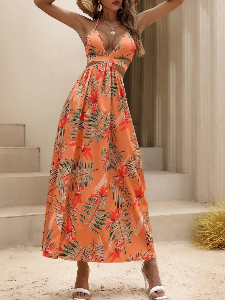 Women's Spaghetti Strap Halter Neck V-Neck Slit Long Patterned Supreme Dress, 31352