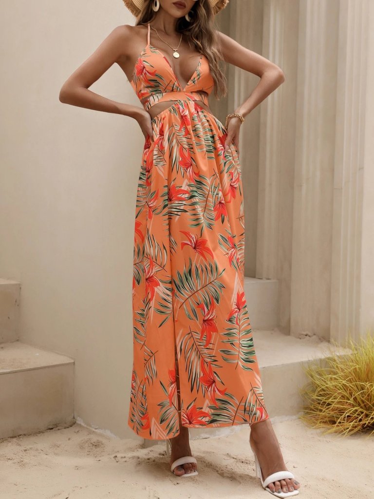 Women's Spaghetti Strap Halter Neck V-Neck Slit Long Patterned Supreme Dress, 31352