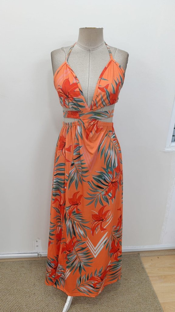 Women's Spaghetti Strap Halter Neck V-Neck Slit Long Patterned Supreme Dress, 31352