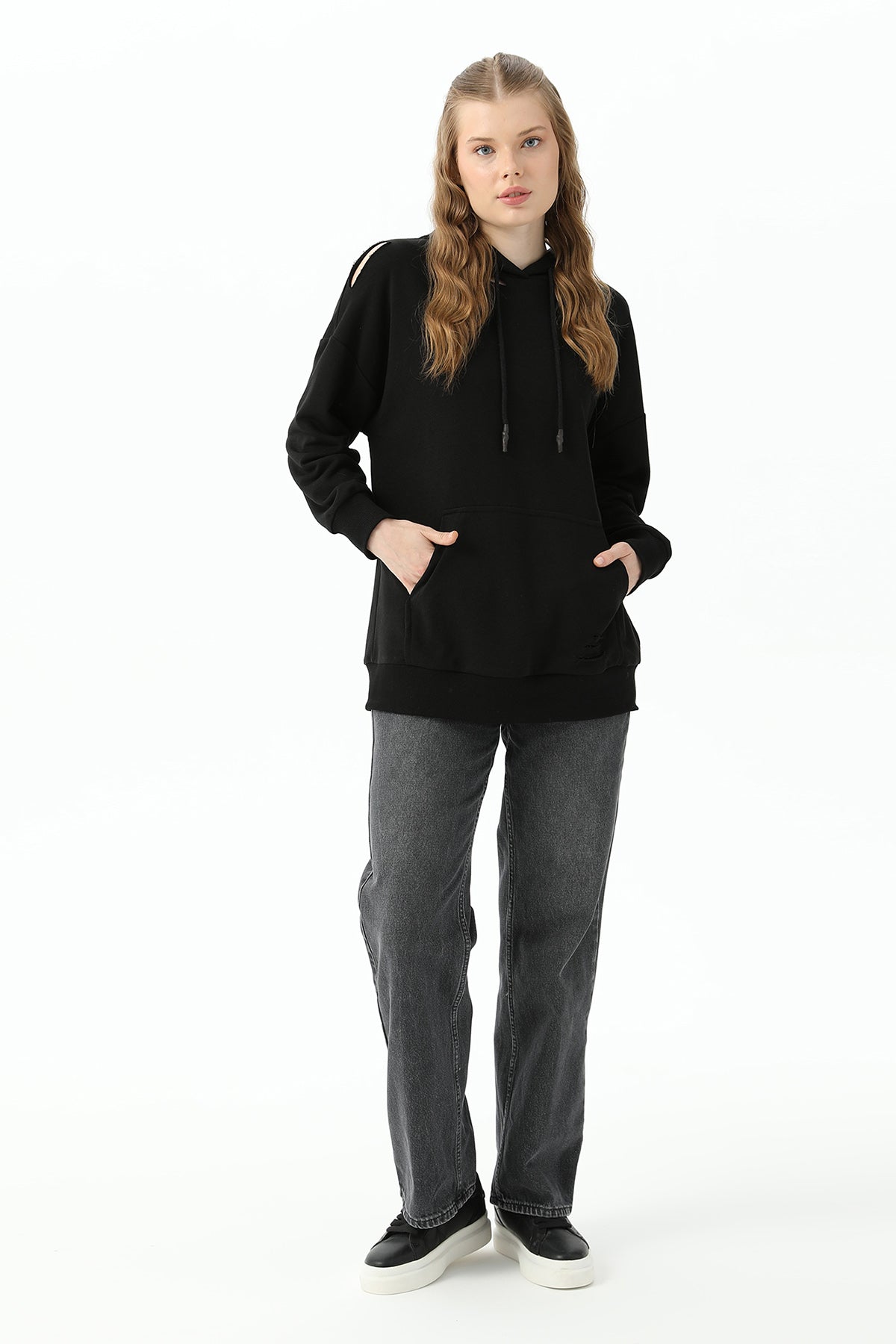 Kadın Kapüşonlu Sweatshirt - 31467SWT - BLACK
