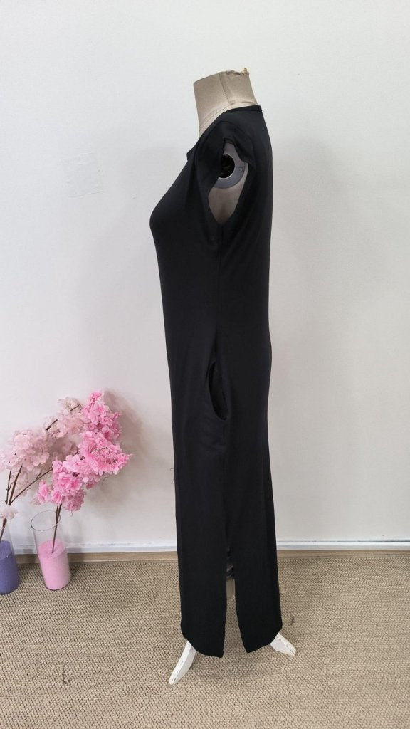 Women's Short Sleeve Padded Pocket Detail Slit Viscose Long Dress, 31499
