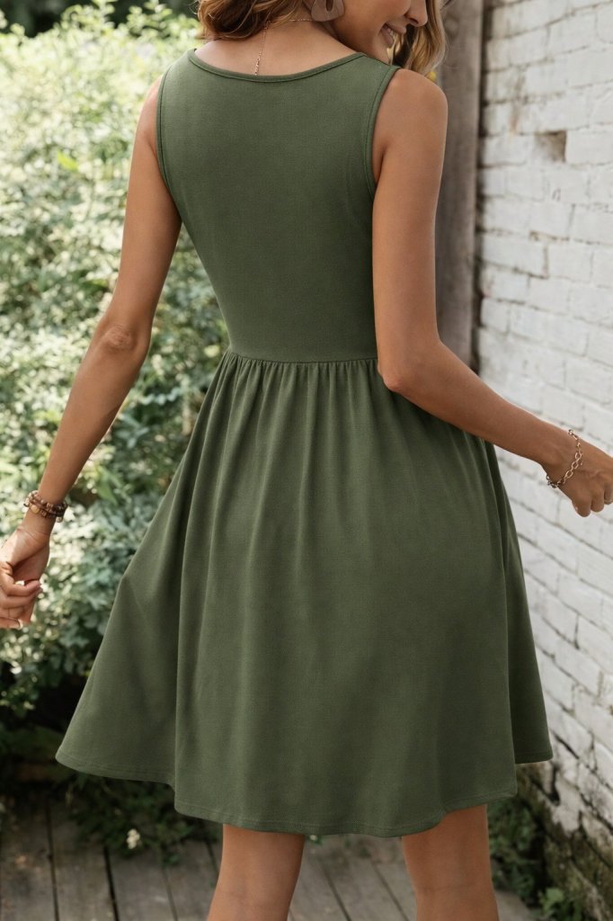 Women's Sleeveless Round Neck Button Detail Short Viscose Dress, 31529