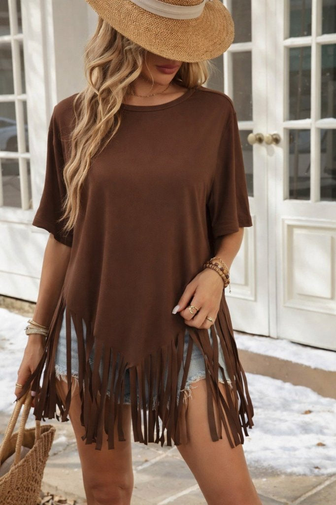 Women's Short Sleeve Crew Neck Tasseled Viscose Blouse, 31536
