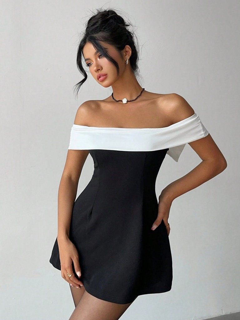 Women's Short-Sleeved Madonna Neckline Short Imported Crepe Dress with Ribbon Detail at the Back, 31591