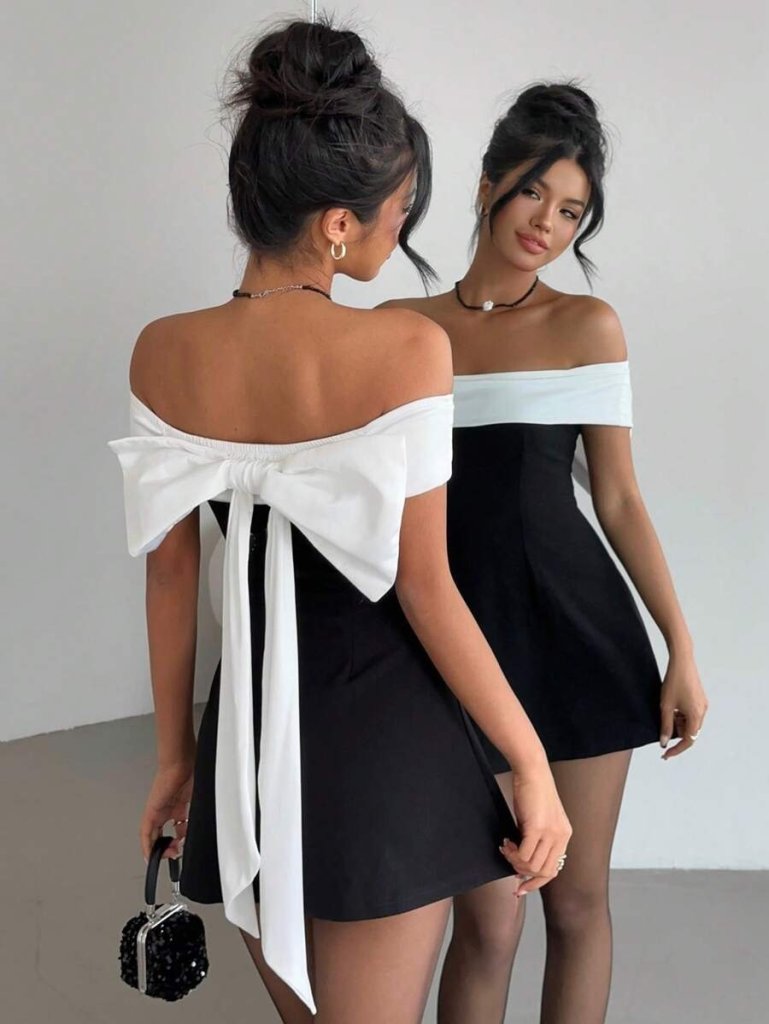 Women's Short-Sleeved Madonna Neckline Short Imported Crepe Dress with Ribbon Detail at the Back, 31591