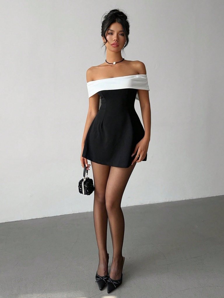 Women's Short-Sleeved Madonna Neckline Short Imported Crepe Dress with Ribbon Detail at the Back, 31591