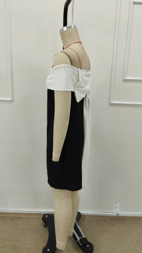 Women's Short-Sleeved Madonna Neckline Short Imported Crepe Dress with Ribbon Detail at the Back, 31591
