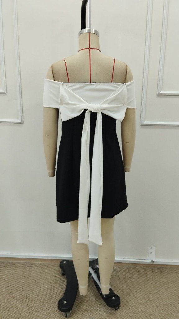 Women's Short-Sleeved Madonna Neckline Short Imported Crepe Dress with Ribbon Detail at the Back, 31591