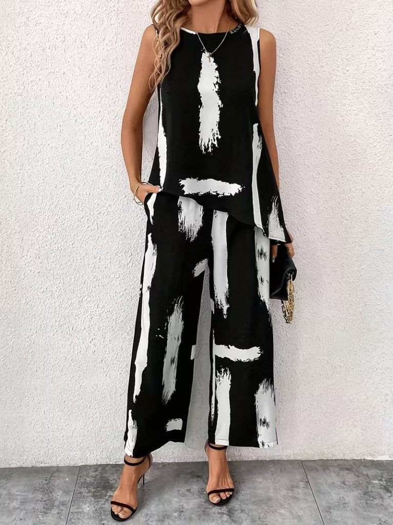 Women's Sleeveless Crewneck Patterned Blouse and Pants Two-Piece Set, 31600