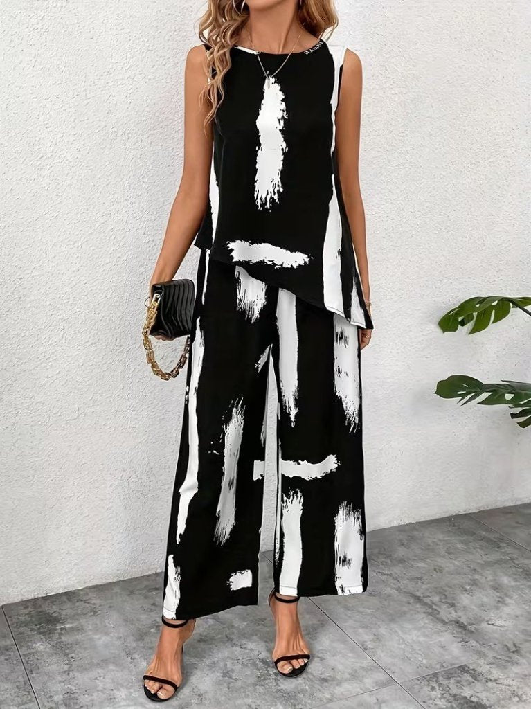Women's Sleeveless Crewneck Patterned Blouse and Pants Two-Piece Set, 31600