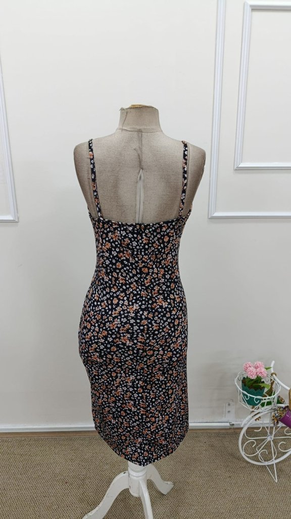 Women's Spaghetti Strap V-Neck Slit Floral Pattern Supima Dress, 31696