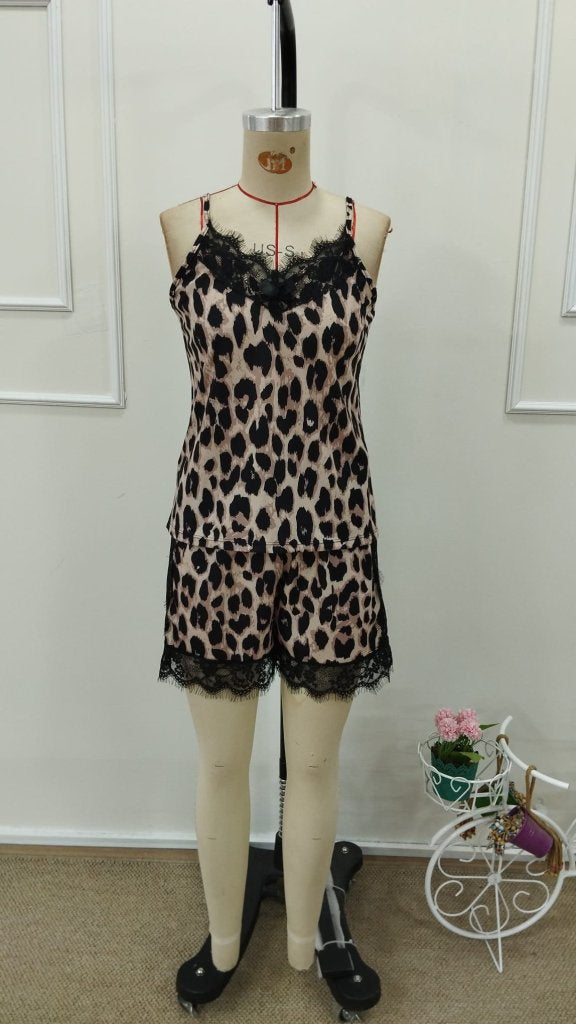 Kadın Askılı V Yakalı Dantel Detaylı Leopar Desenli Süprem Atlet Ve şort Ikili Takım , 37943