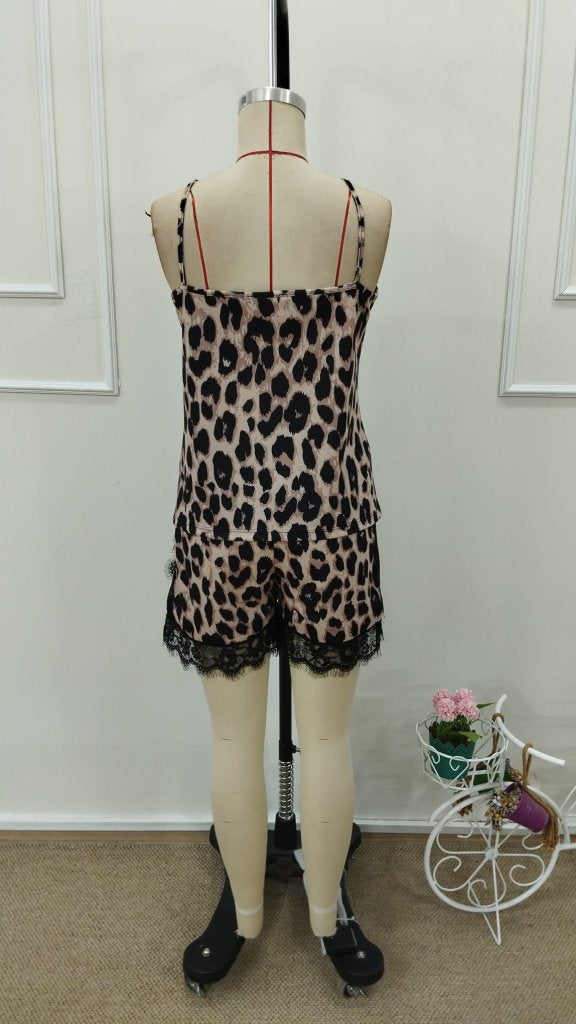Kadın Askılı V Yakalı Dantel Detaylı Leopar Desenli Süprem Atlet Ve şort Ikili Takım , 37943