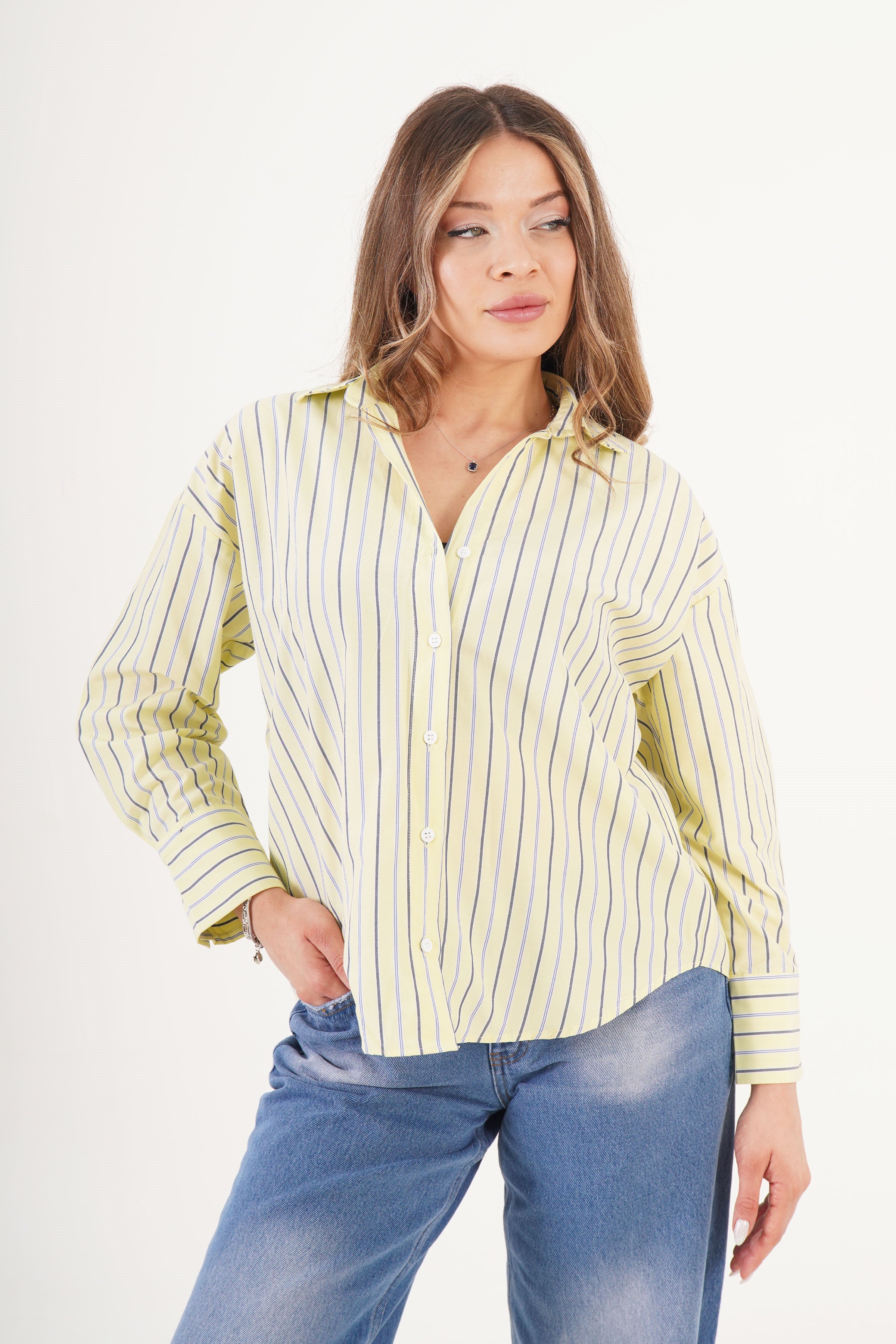 Çizgili Sırt Yırtmaçlı Toptan Sarı Gömlek Sarı S