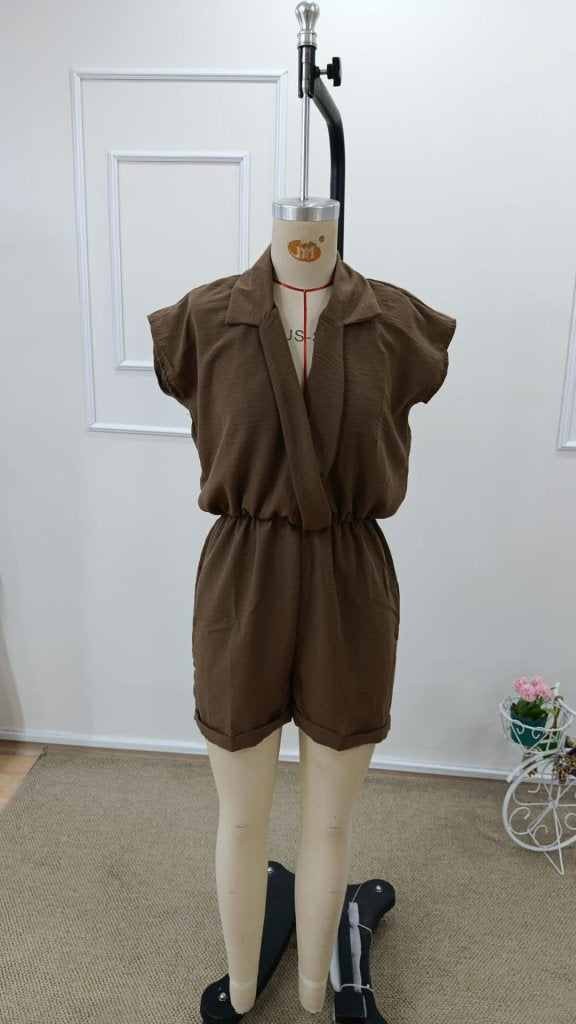 Women's Short Sleeve Wrap Neck Short Romper, 33584