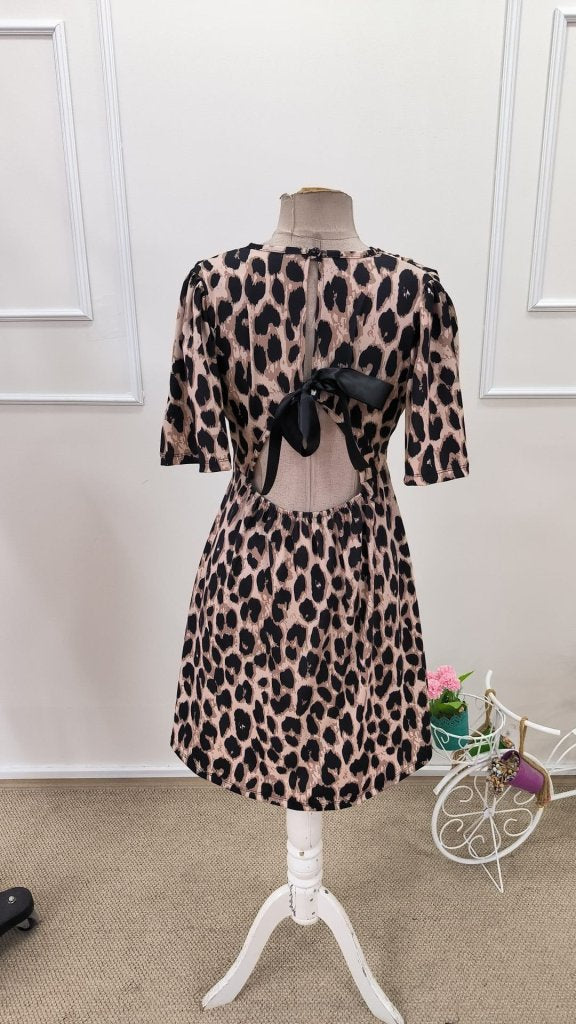 Kadın Kısa Kollu Kruvaze Yakalı Leopar Desenli Mini Süprem Elbise , 31810