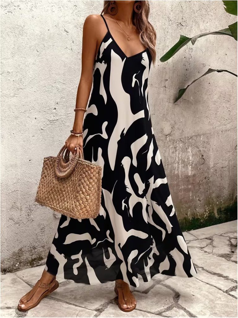 Women's Sleeveless V-Neck Patterned Long Interlock Dress, 31904