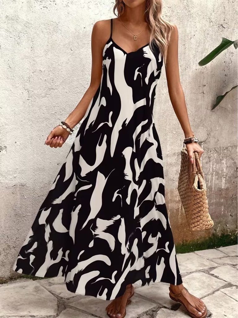 Women's Sleeveless V-Neck Patterned Long Interlock Dress, 31904