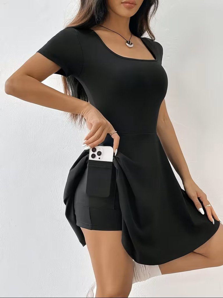 Women's Short-Sleeved Square Neck Pocket Detail Scuba Jumpsuit, 31914