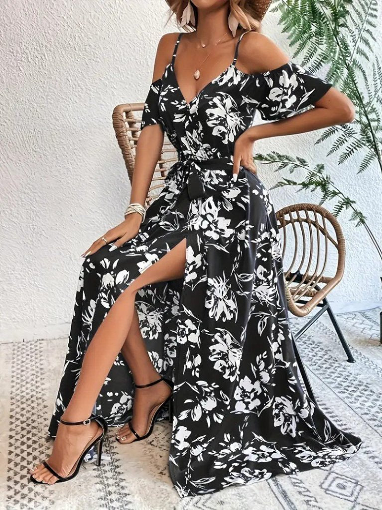 Women's Spaghetti Strap Short Sleeve Wrap-Neck Slit Patterned Interlock Dress, 31940