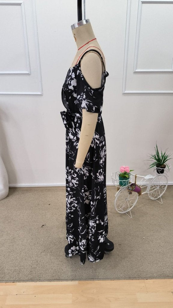 Women's Spaghetti Strap Short Sleeve Wrap-Neck Slit Patterned Interlock Dress, 31940