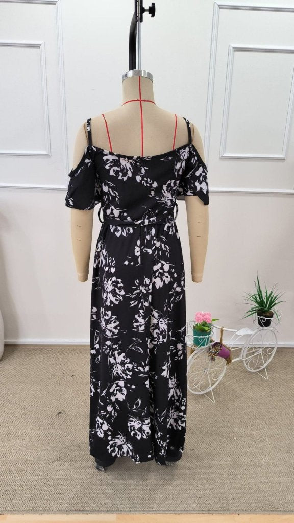 Women's Spaghetti Strap Short Sleeve Wrap-Neck Slit Patterned Interlock Dress, 31940