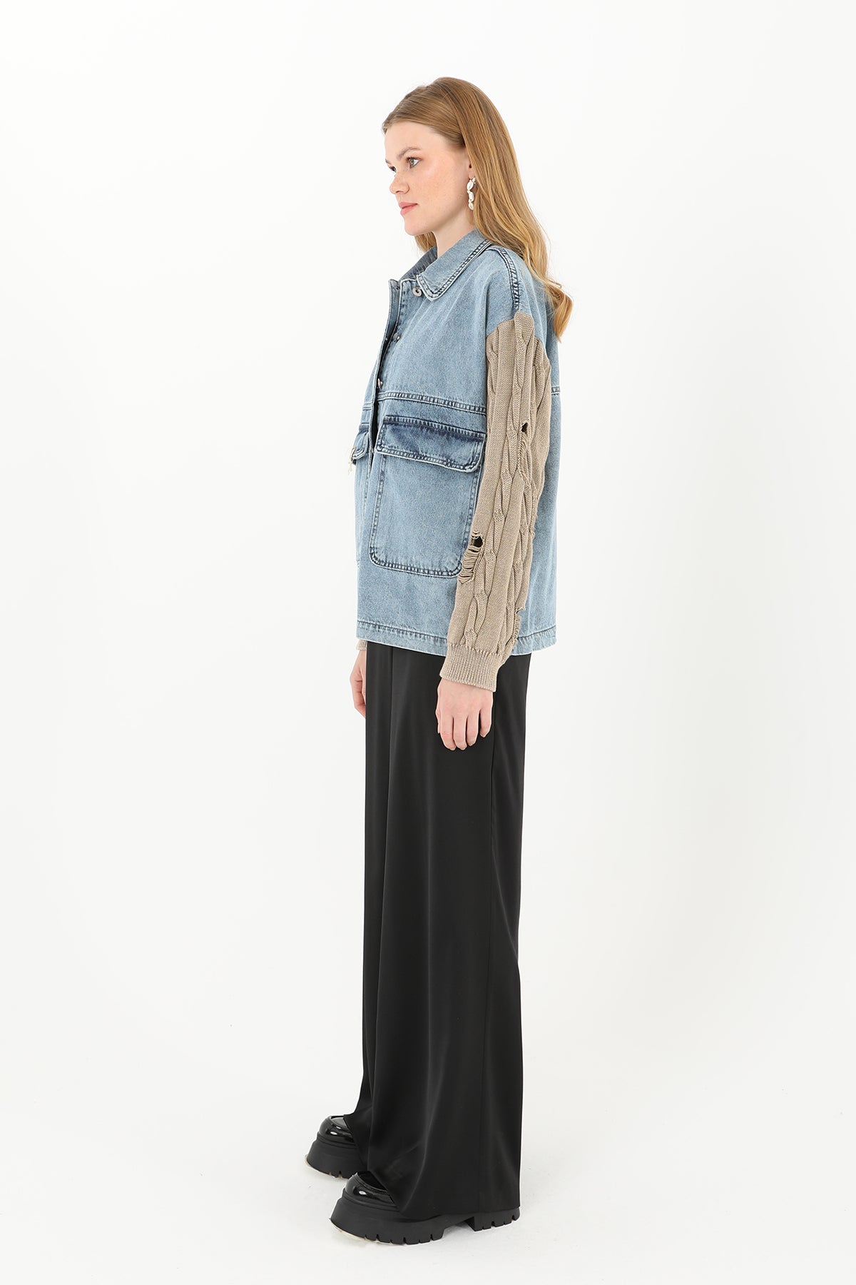 Kadın Triko Kol Detaylı Denim Ceket -32041CKT