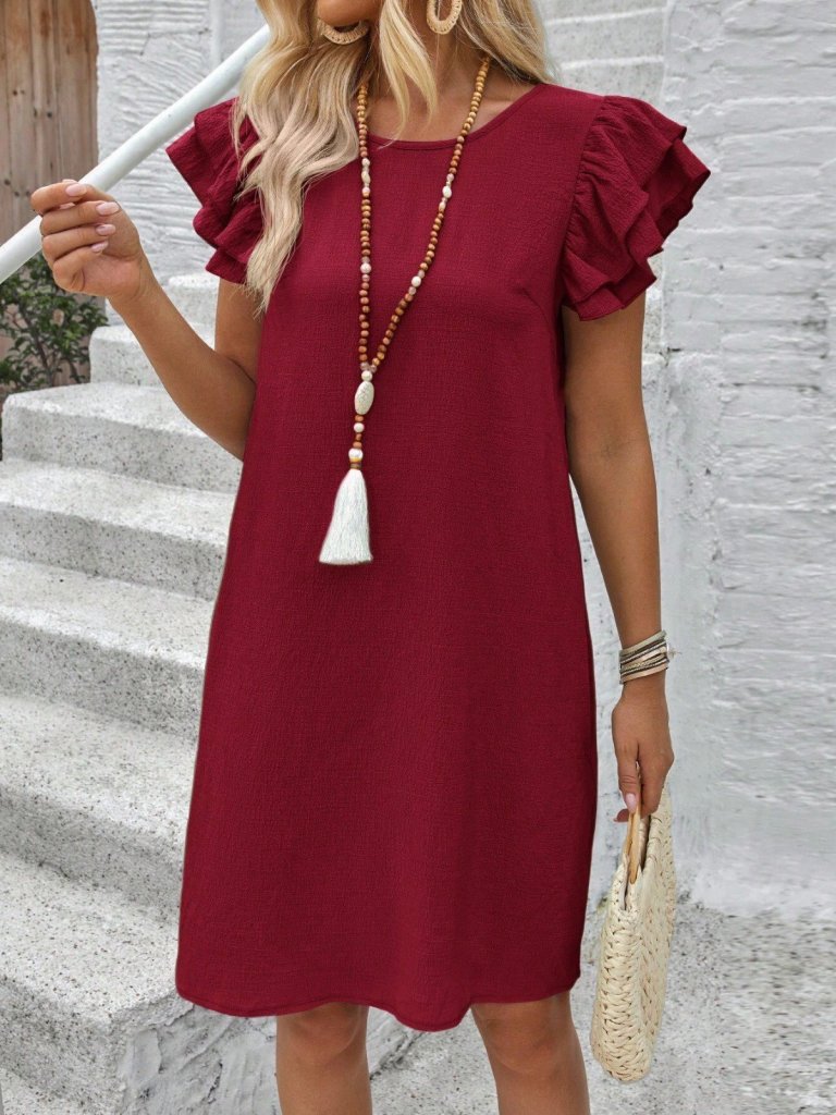 Women's Short Sleeve Crew Neck Ruffled Short Crepe Dress, 32168