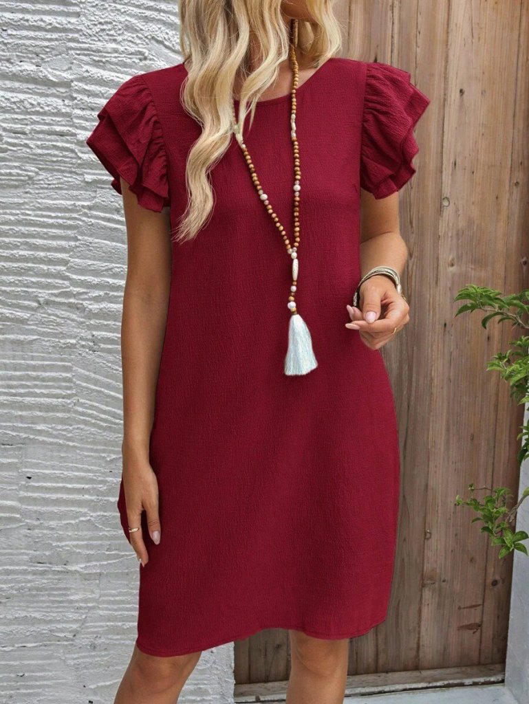 Women's Short Sleeve Crew Neck Ruffled Short Crepe Dress, 32168
