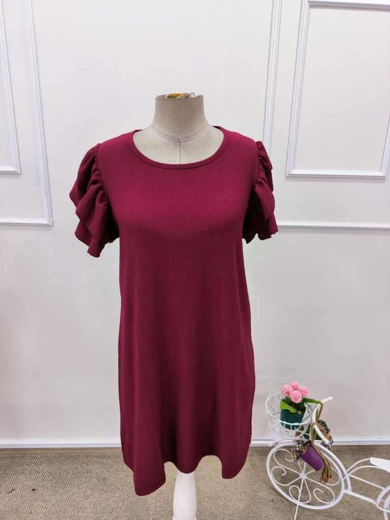 Women's Short Sleeve Crew Neck Ruffled Short Crepe Dress, 32168