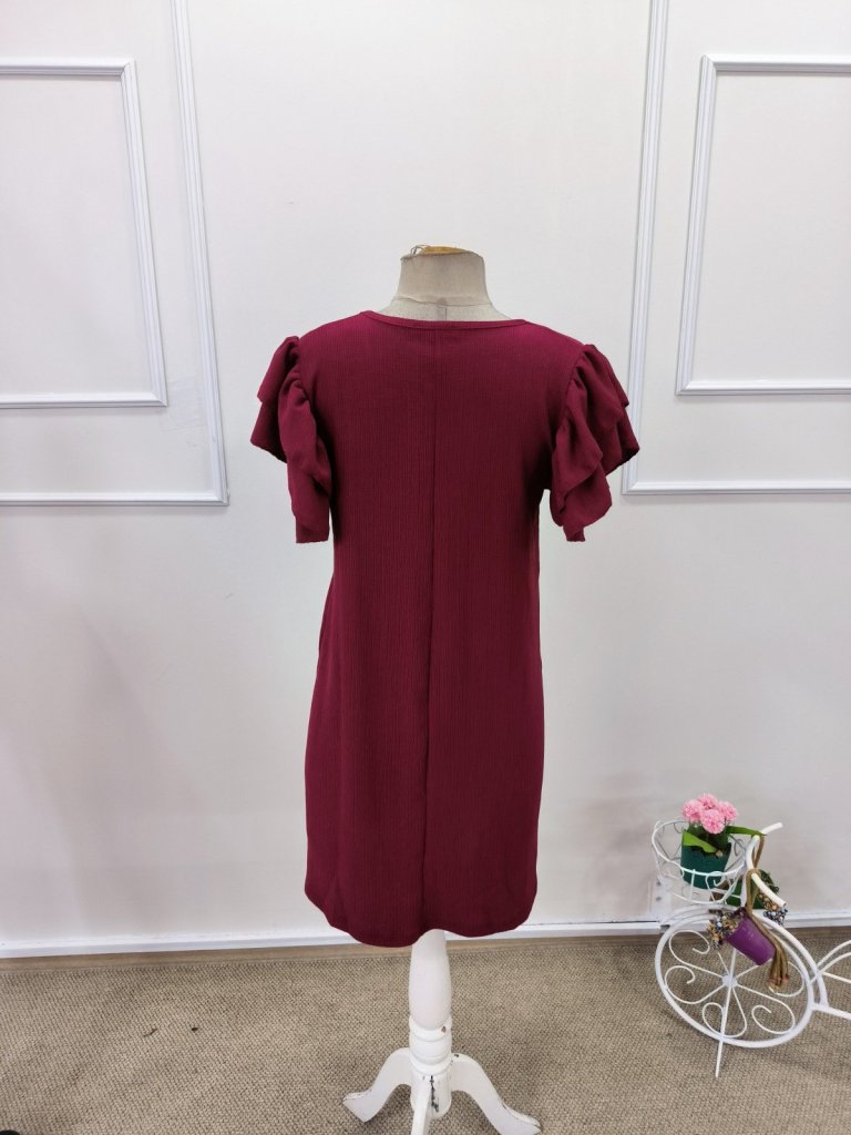 Women's Short Sleeve Crew Neck Ruffled Short Crepe Dress, 32168