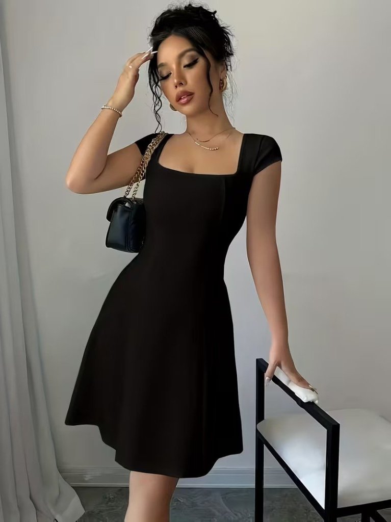 Women's Short Sleeve Square Neck Short Imported Crepe Dress, 33581