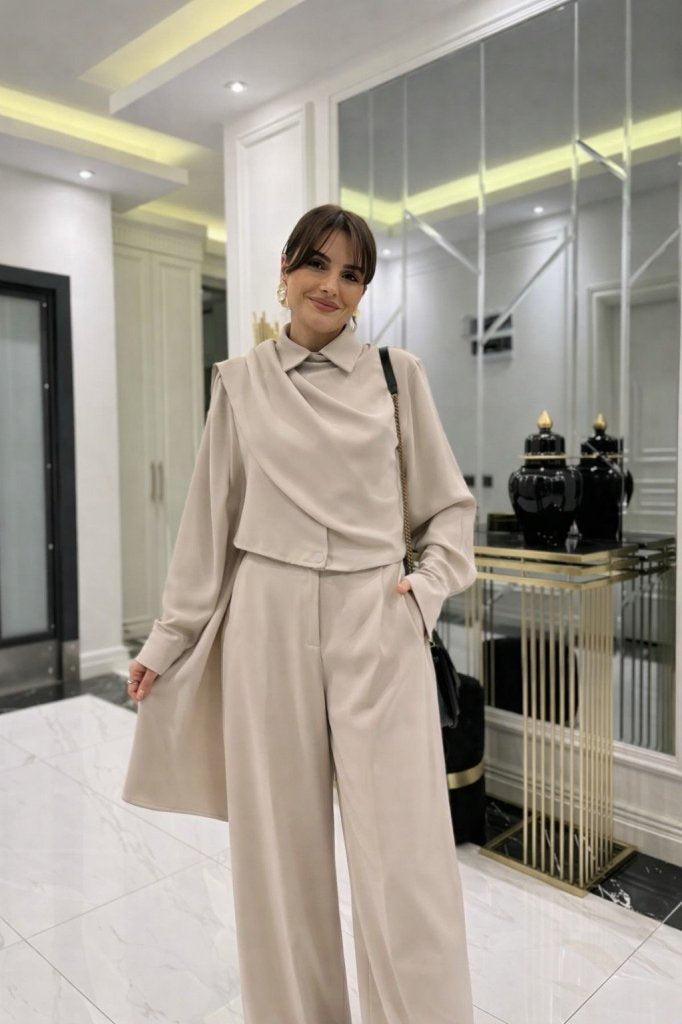 Women's Long-Sleeved Blouse and Trousers Two-Piece Set with Shawl Detail, 32192