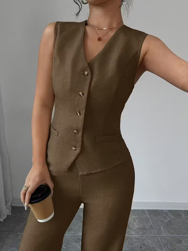 Kadın Askılı önden Düğmeli Bluz Ve Pantolon Keten Ikili Takım, 37765