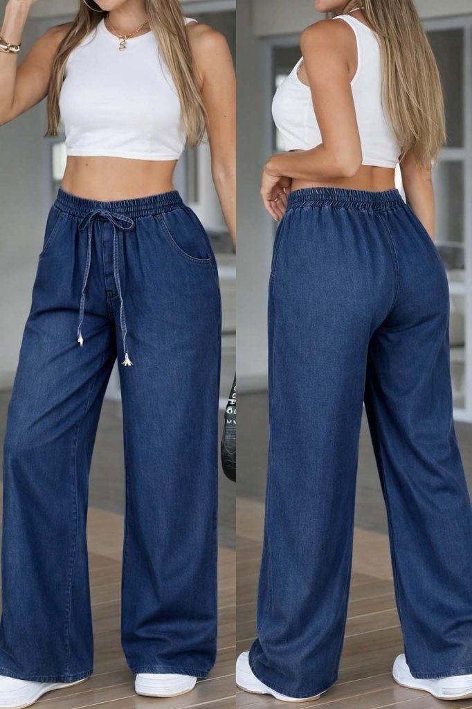 Kadın Yüksek Bel Lastikli Bağcıklı Kot Pantolon, 32199