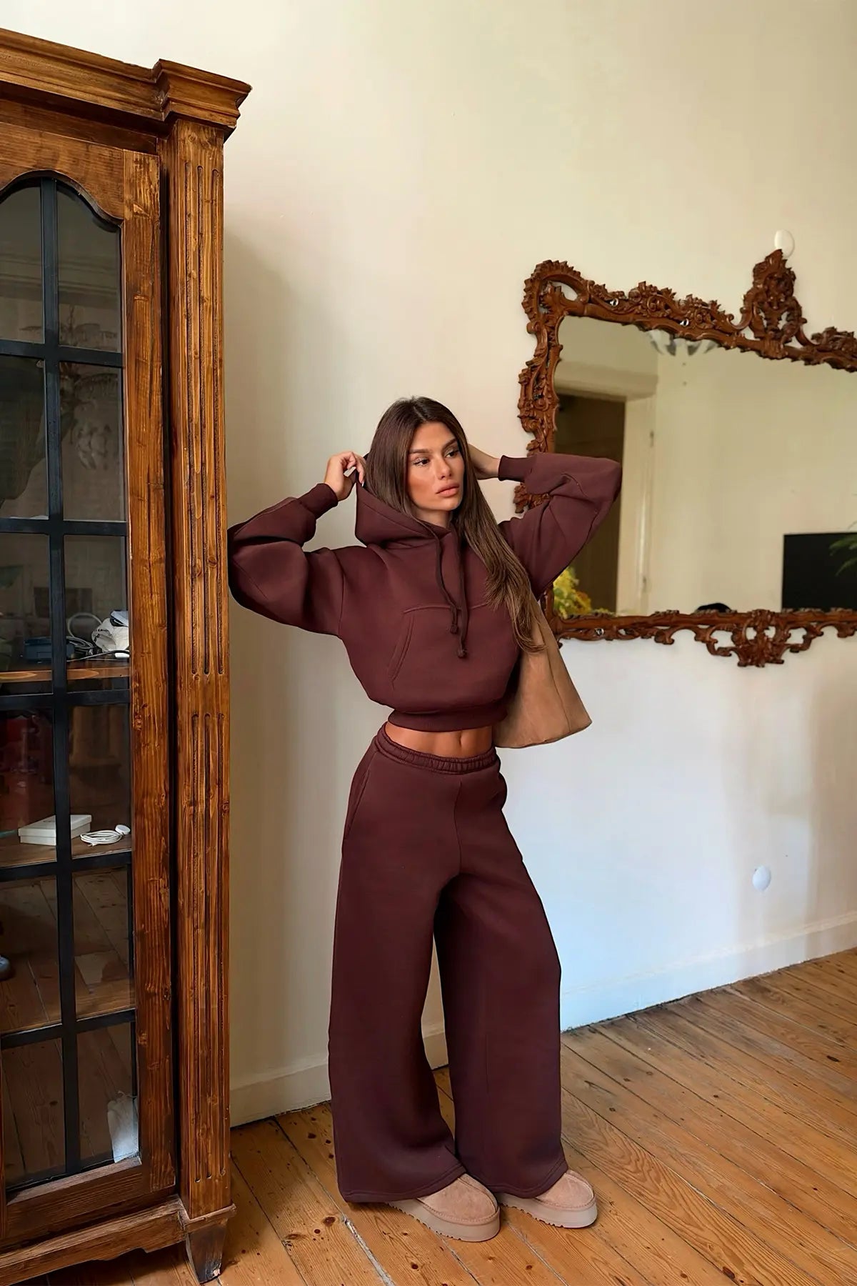 Kahverengi Sweat Detay Eşofman Takım