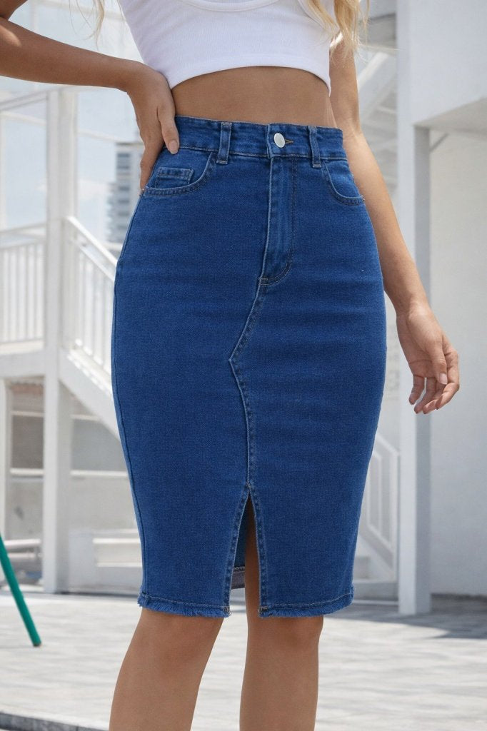 Women's High Waisted Front Slit Short Denim Skirt, 32263