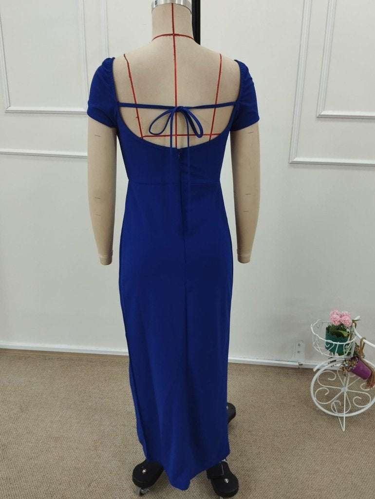Women's Short-Sleeved Square Neck, Glitter Detail, Back Lace-Up, Slit Long Imported Crepe Dress, 32276