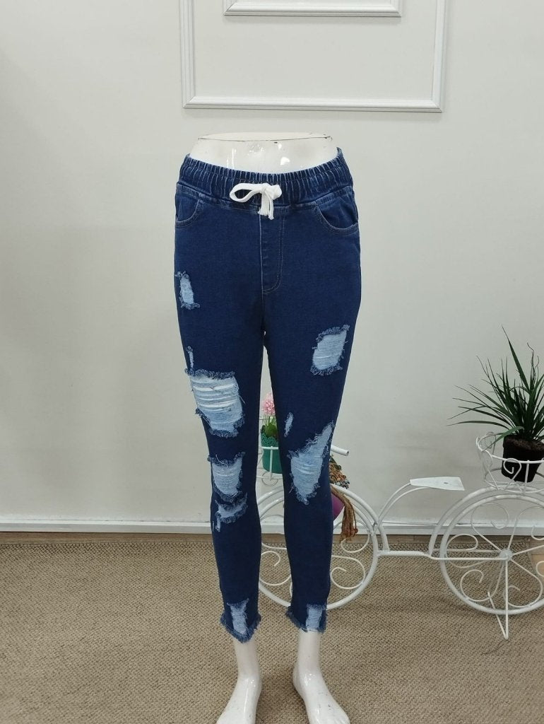 Kadın Yüksek Bel Beli Bağcıklı önden Yırtık Desenli Kot Pantolon , 37731