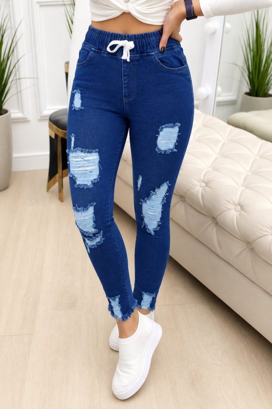 Kadın Yüksek Bel Beli Bağcıklı önden Yırtık Desenli Kot Pantolon , 37731
