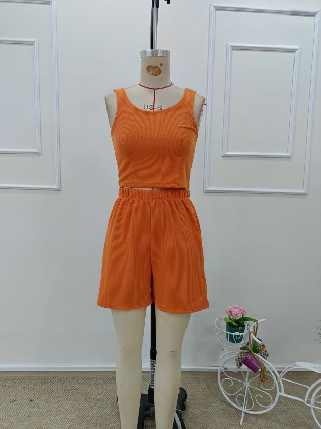 Women's Strappy Round Neck Twisted Crop Top and Blouse Short Two-Piece Set, 32374