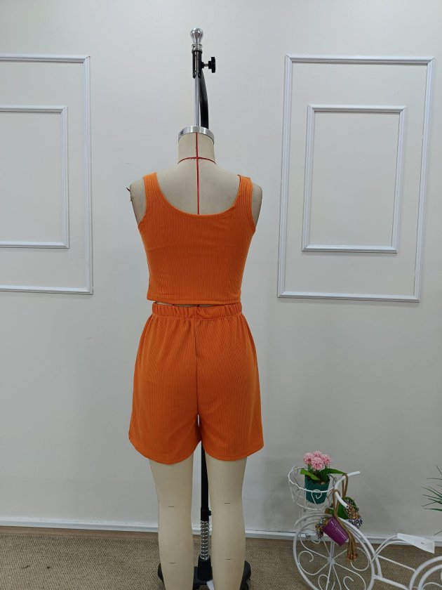 Women's Strappy Round Neck Twisted Crop Top and Blouse Short Two-Piece Set, 32374