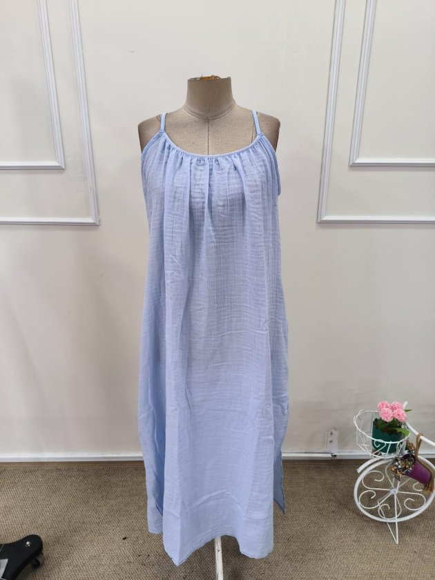 Women's Strappy Round Neck Slit Long Muslin Dress, 32380