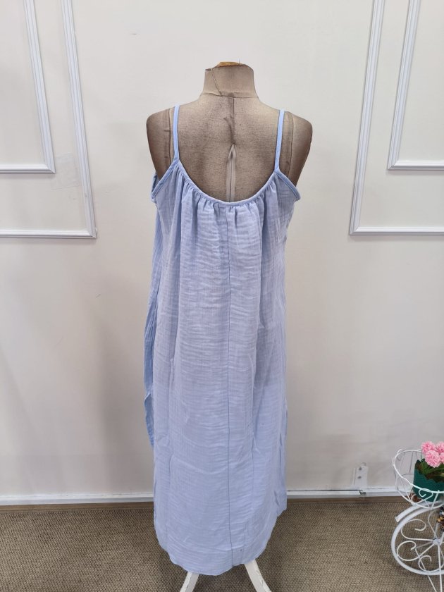 Women's Strappy Round Neck Slit Long Muslin Dress, 32380