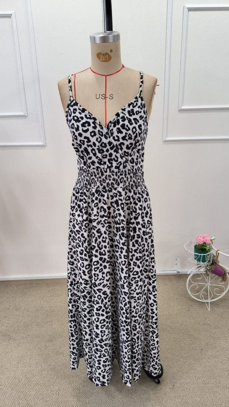 Women's Strappy Wrap Collar Elastic Waist Leopard Print Long Supreme Dress, 32397