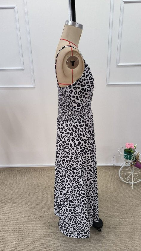 Women's Strappy Wrap Collar Elastic Waist Leopard Print Long Supreme Dress, 32397