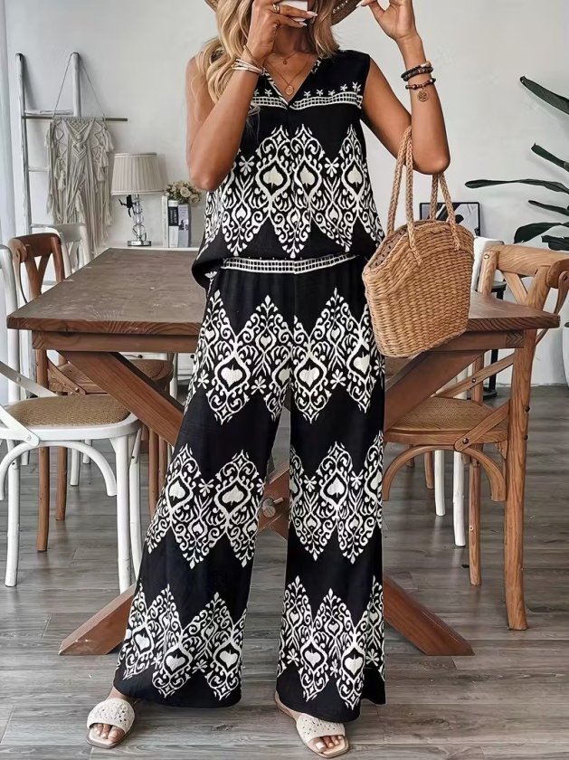 Women's Strappy V-Neck Patterned Blouse and Pants Two-Piece Set, 32464