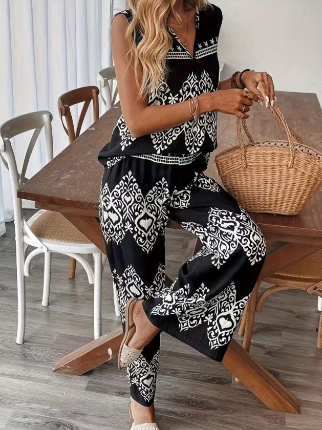 Women's Strappy V-Neck Patterned Blouse and Pants Two-Piece Set, 32464