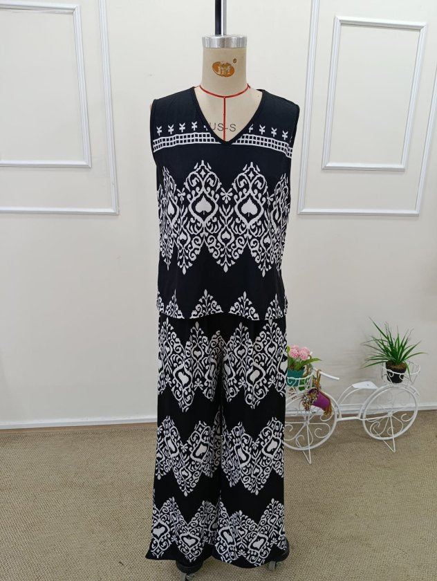 Women's Strappy V-Neck Patterned Blouse and Pants Two-Piece Set, 32464