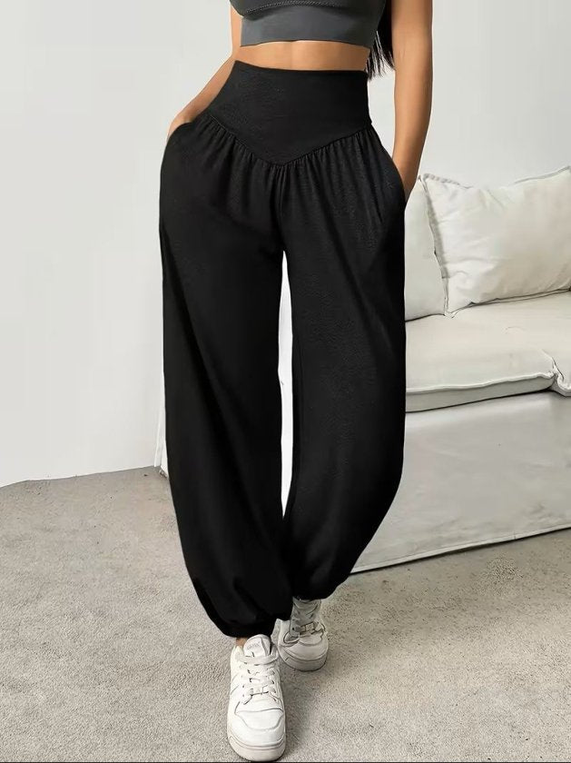 Women's High Waisted Ruched Pocket Wide Leg Viscose Double Yarn Trousers, 32470